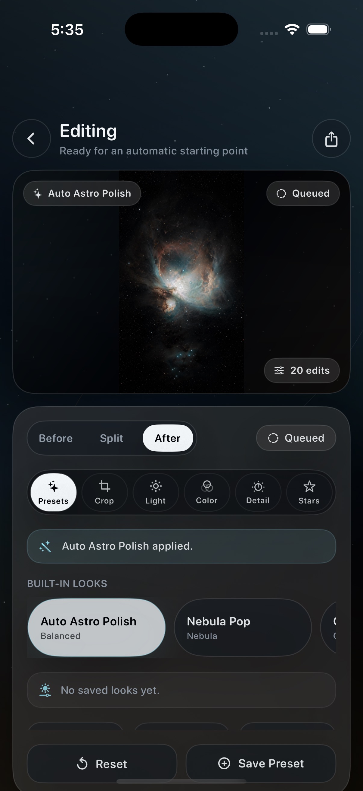 AstroFinish editor with before and after controls