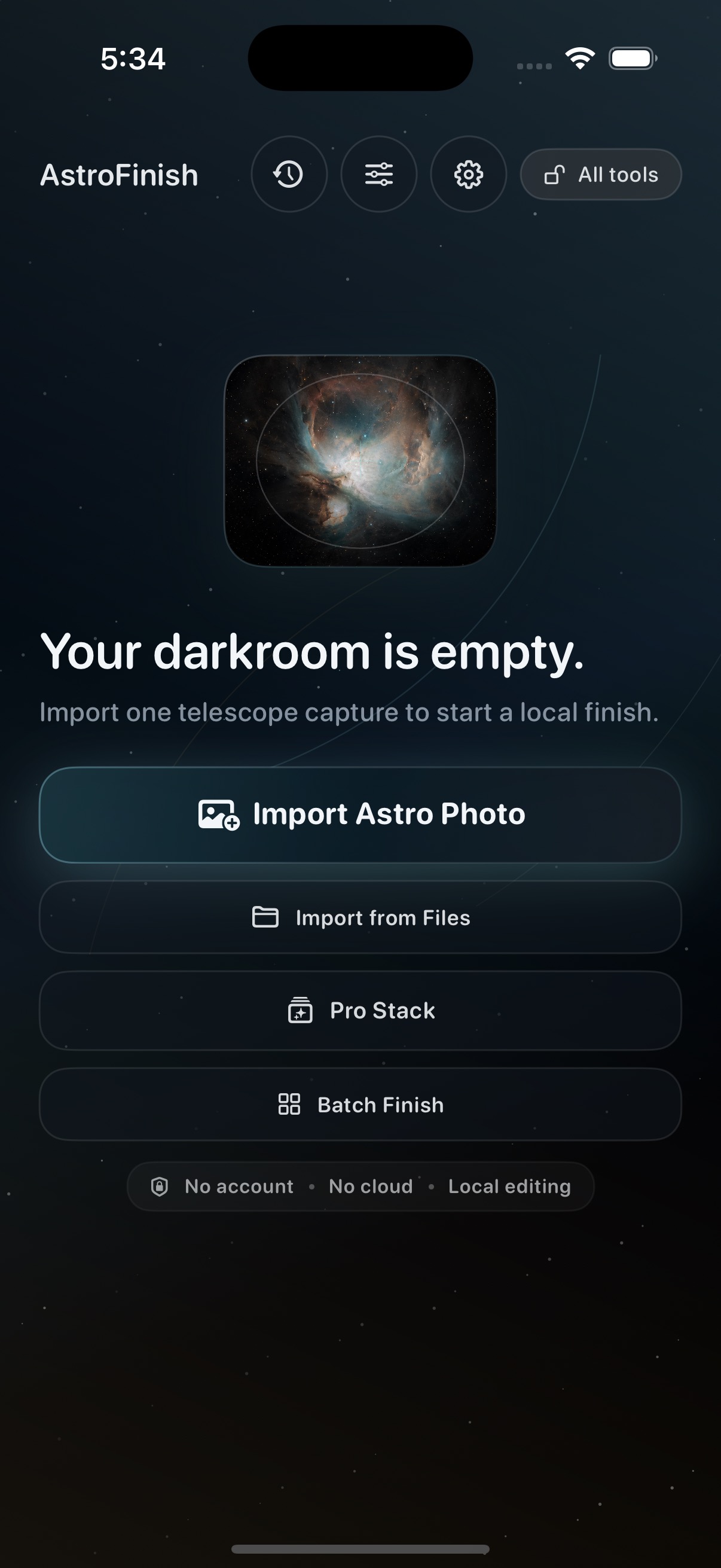 AstroFinish home screen with import options