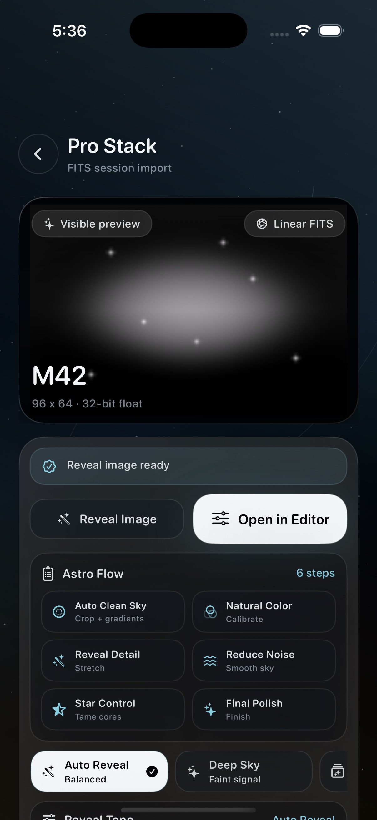 AstroFinish Pro Stack FITS editing screen